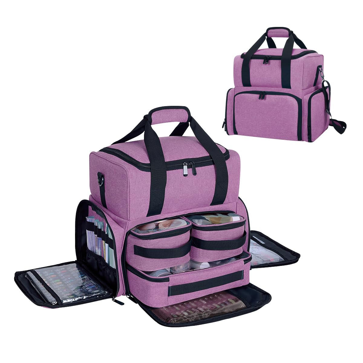UOZL Large Makeup Cosmetic Bag with 3 Removable Case and 2 Removable Dividers Double Layer Travel Storage Organizer, Makeup Brushes Storage Section Purple