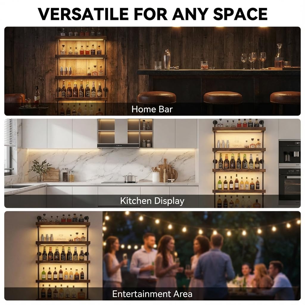 Woskar 5-Tier Wall Mounted Wine Rack with LED, Industrial Pipe Bar Shelf for Wine Bottle Storage, Industrial Pipe Shelves Shelf Shelving for Home Bar Dining Room Kitchen (24INCH-LED)