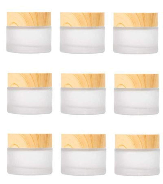 Healthcom 10 Packs 15ml/15g Empty Sample Jars Frosted Glass Cream Jar Bottle with Wood Grain Lid Cosmetic Containers Glass Cream Box Refillable Glass Cream Jar Pot for Makeup Lotion Face Eyeshadow