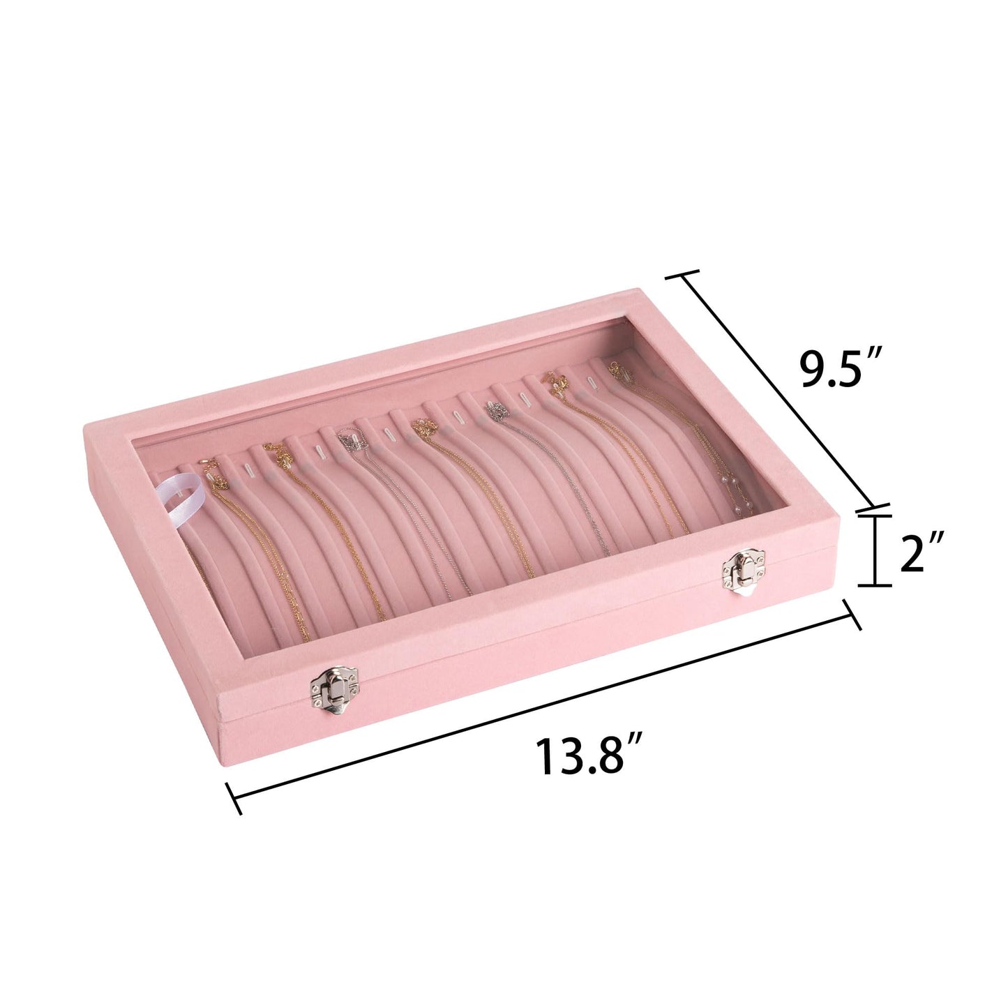 Frebeauty 15 Hooks Necklace Tray Velvet Neckalce Organizer with Clear Lid Lockable Necklace Holder Box Jewelry Organizer for Pendants Chains Necklace Jeweley Tray for Women Girls(Pink)