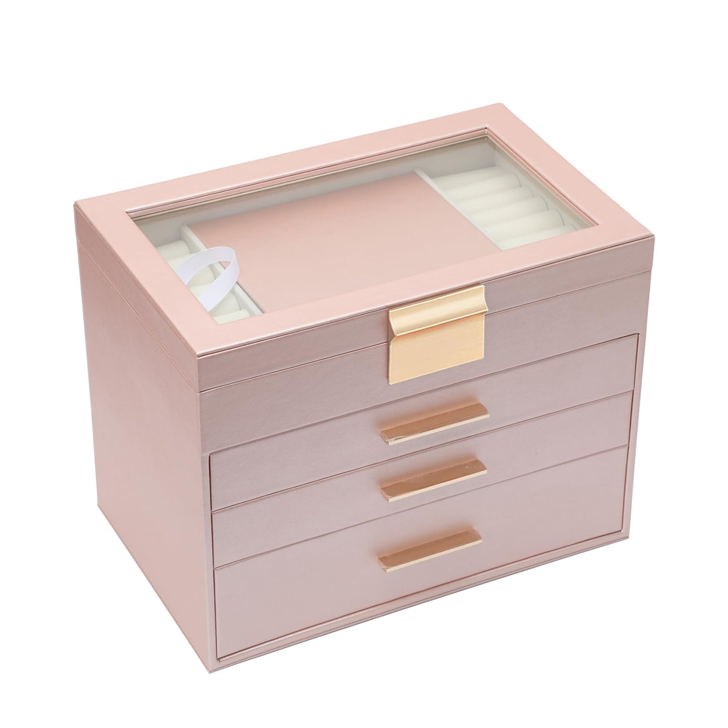 BOOVO Jewelry Boxes for Women, White and Black 6 Layer Large Jewelry Box for Necklace, Bracelet, Earrings, Rings Storage, Jewelry holder Organizer for Girls Gift (Rose gold, 4 layer)