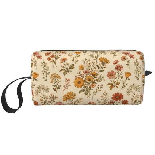 OLUSENMO 70s Vintage Wildflower Makeup Bag for Women, Small Travel Cosmetic Pouch with Zipper, Compact Makeup Organizer Bag for Purse, Toiletries, Skincare & Daily Essentials