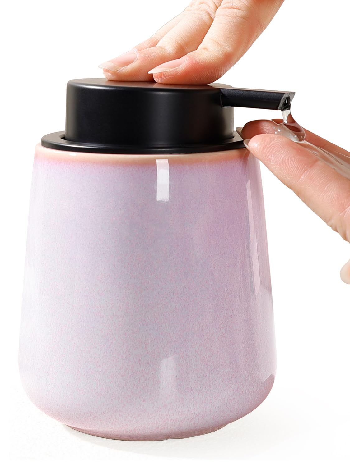 INGOFIN Ceramic Lotion Dispenser - 12 oz Hand Soap Dispenser Bathroom, Modern Liquid Dispenser with Pump, Refillable Dish Soap Bottle for Kitchen -Purple and Pink