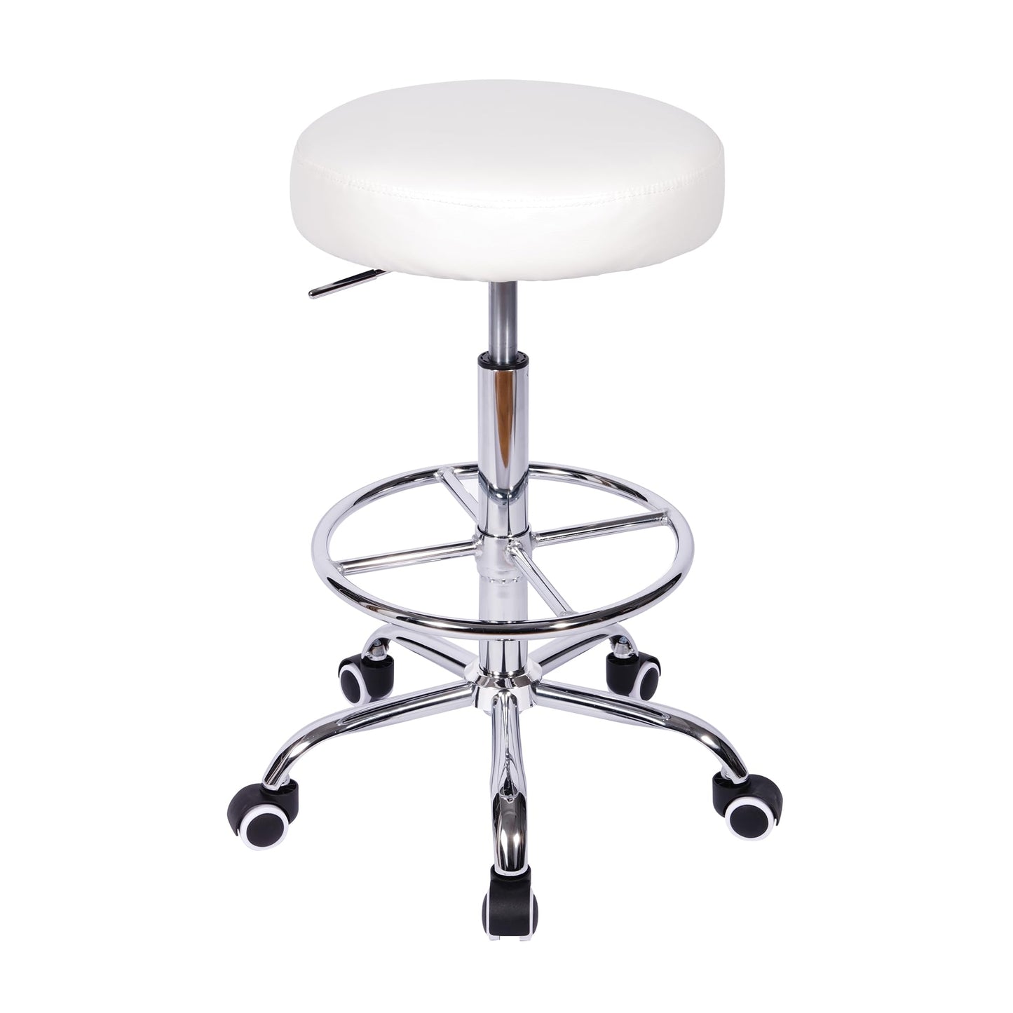 VECELO Round Rolling Stool with Footrest and Wheels, Easy Assembly PU Leather Height Adjustable Drafting Swivel Chair for Spa Salon, Office, Medical, Beauty, Bar, Lab, White