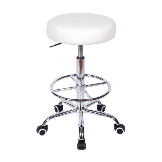 VECELO Round Rolling Stool with Footrest and Wheels, Easy Assembly PU Leather Height Adjustable Drafting Swivel Chair for Spa Salon, Office, Medical, Beauty, Bar, Lab, White