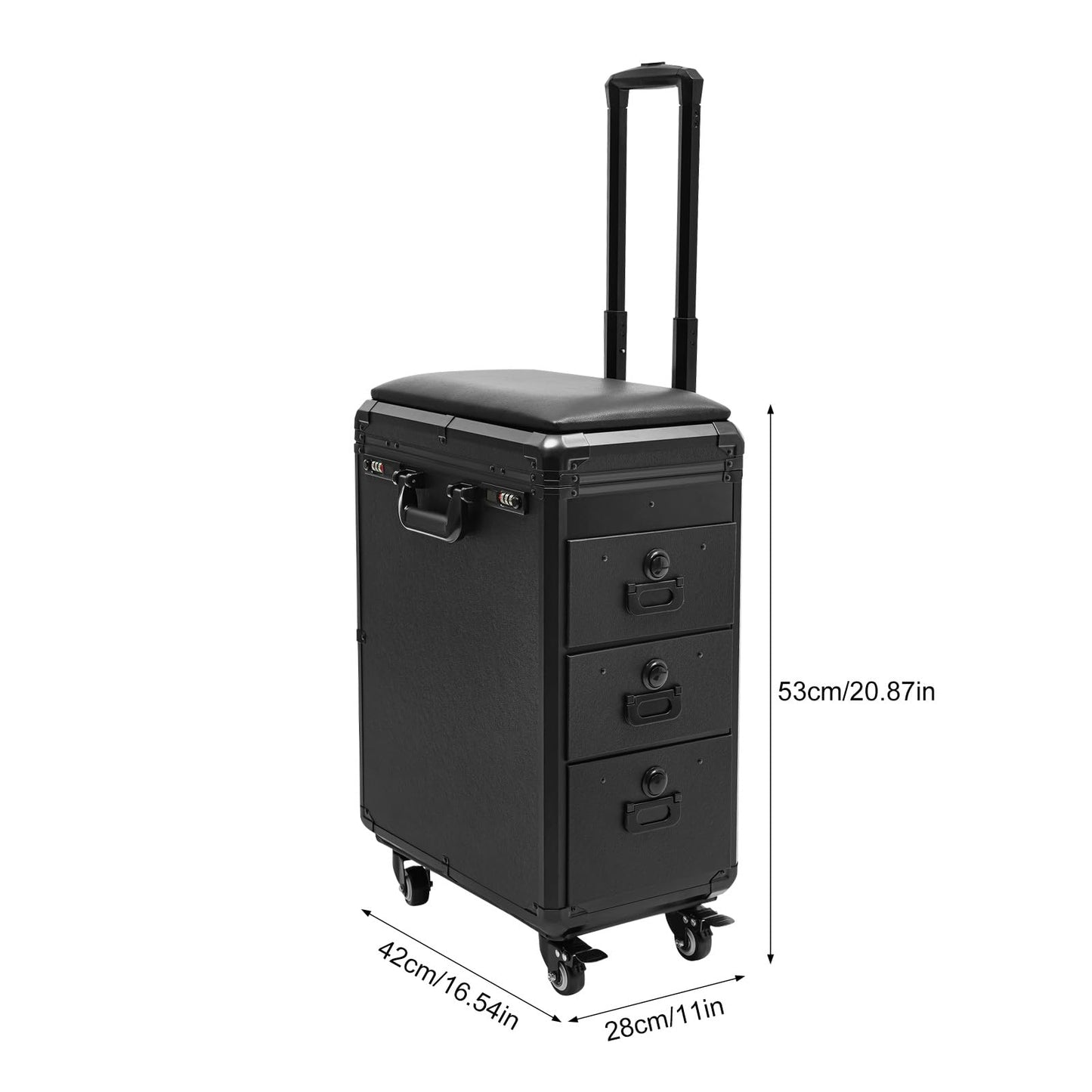 Namiose Rolling Makeup Case with 3-Drawers, Acrylic Makeup Case with 4 Universal Wheels and Removable Tripod Top Soft Cushion for Freelance Make-Up Artists Wedding Make-Up Artists