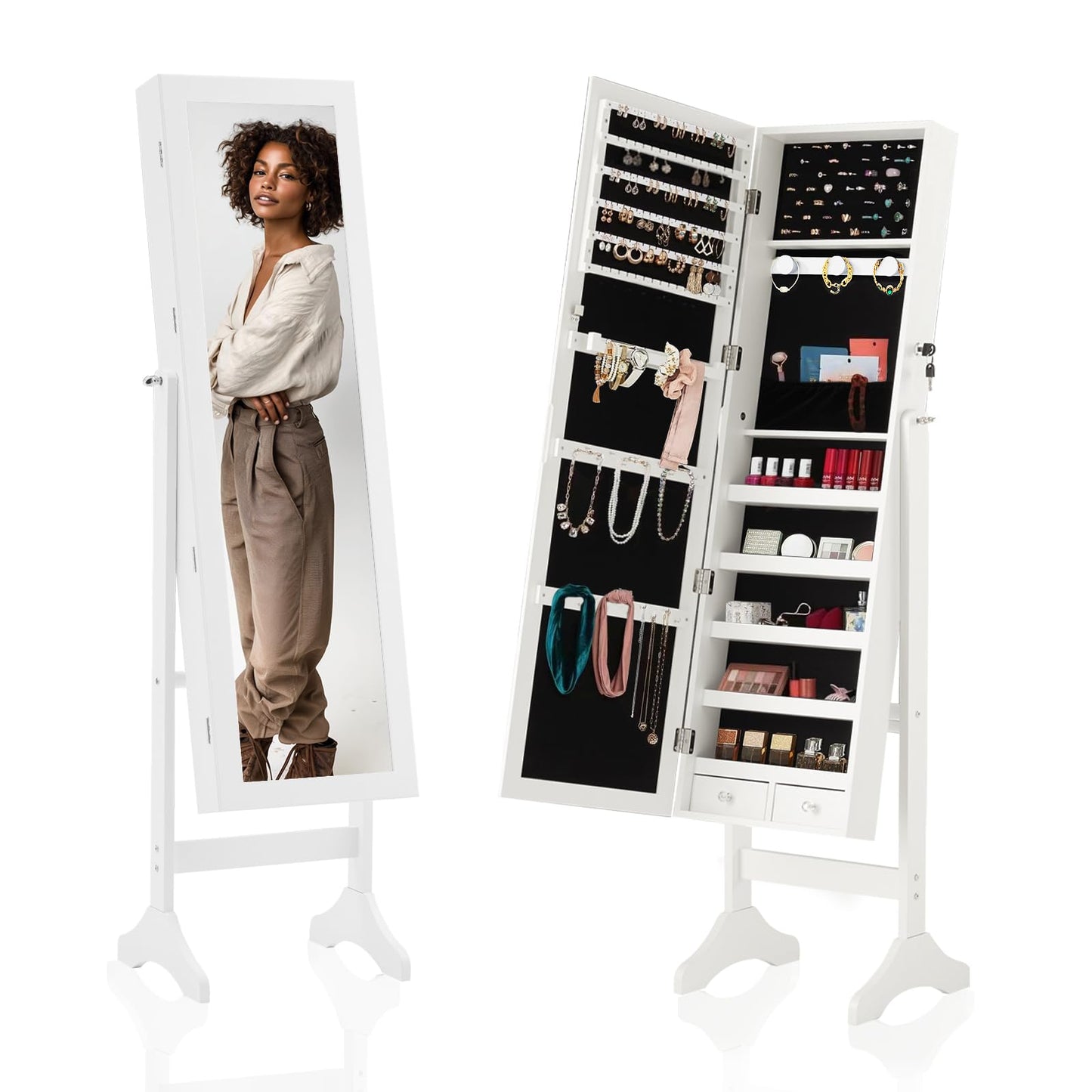 Sweetcrispy Freestanding Jewelry Armoire Cabinet, Lockable Standing Jewelry Organizer and Storage, Full Length Makeup Mirror, 3 Adjustable Angles (13°/23°/30°), 3 Angles, White