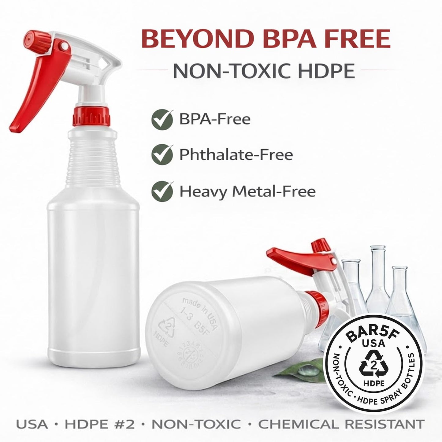 Bar5F Commercial Spray Bottles with Adjustable Trigger, Chemical Resistant HDPE, BPA-Free (2-Pack / 24 oz/Red)