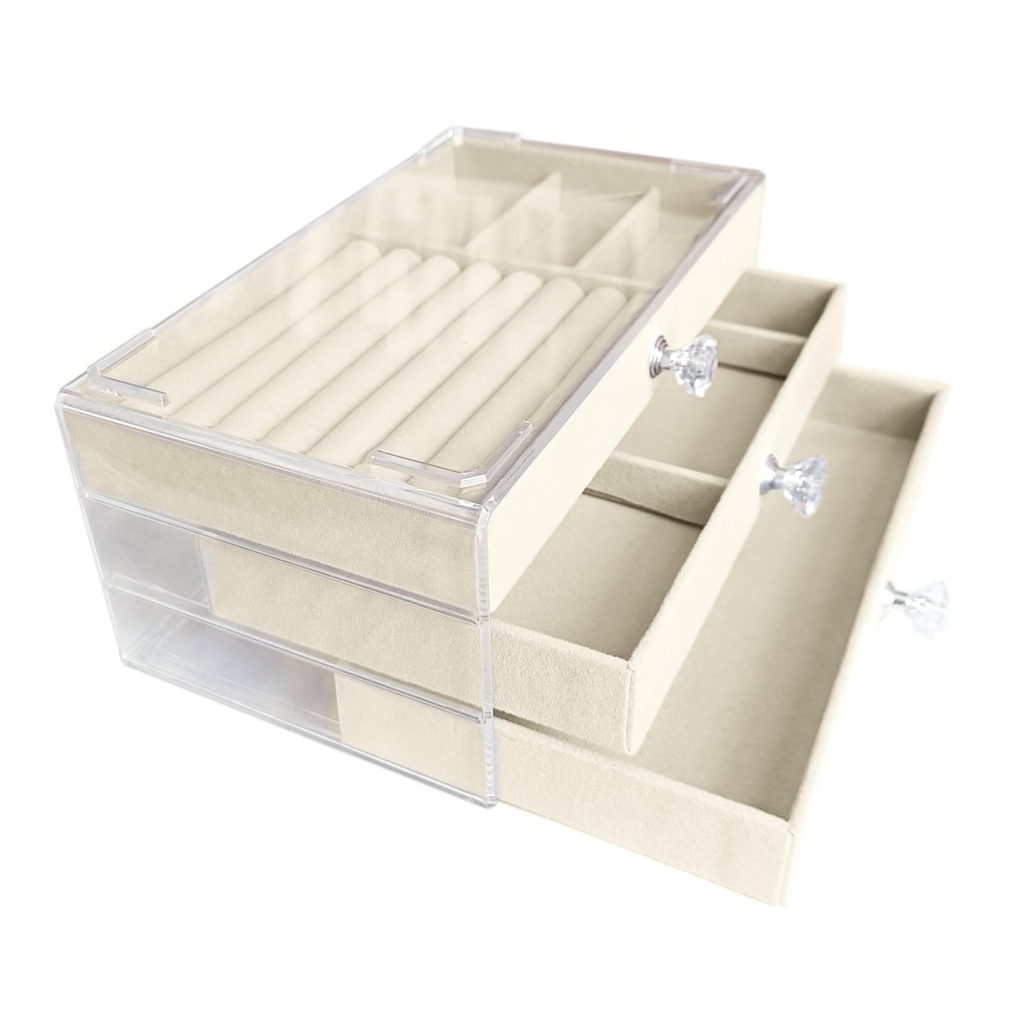 Jemjosh Clear Acrylic Velvet Jewelry Organizer with 3 Drawers, Stackable Display Storage Earrings Necklace Rings Bracelets Box Holder Case for Women, Beige