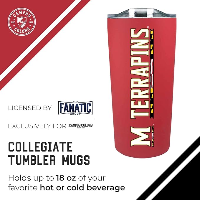 Campus Colors NCAA Stainless Steel Tumbler perfect for Gameday - 18 oz - Double Walled - Keeps Drinks Perfectly Insulated (Maryland Terrapins - Red)