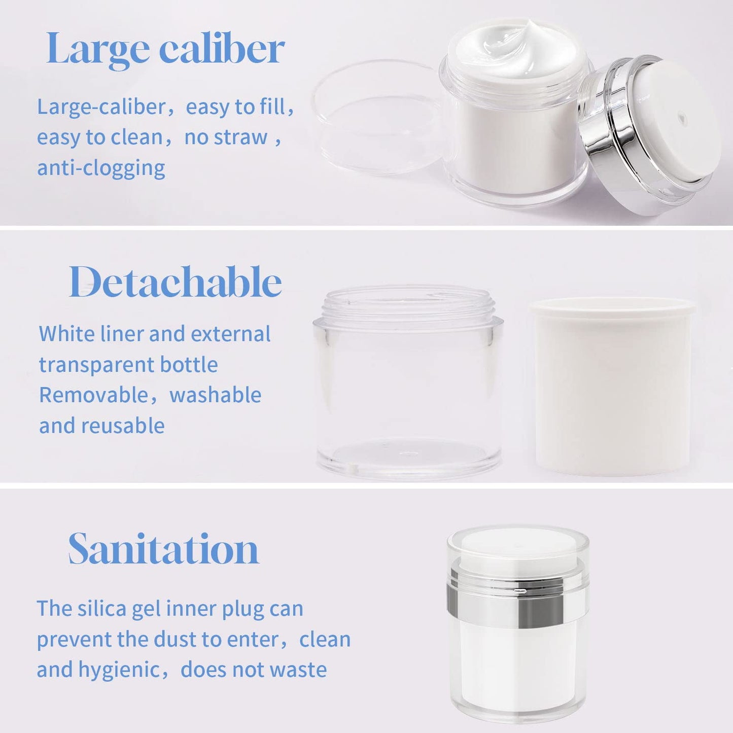 2Pack Airless Pump Jars with Cosmetic Spatula, 3.5 oz Empty Refillable Cosmetic Air Pump Jars Bottles Airless Lotion Cream Dispenser Portable Travel Makeup Containers (Silver)