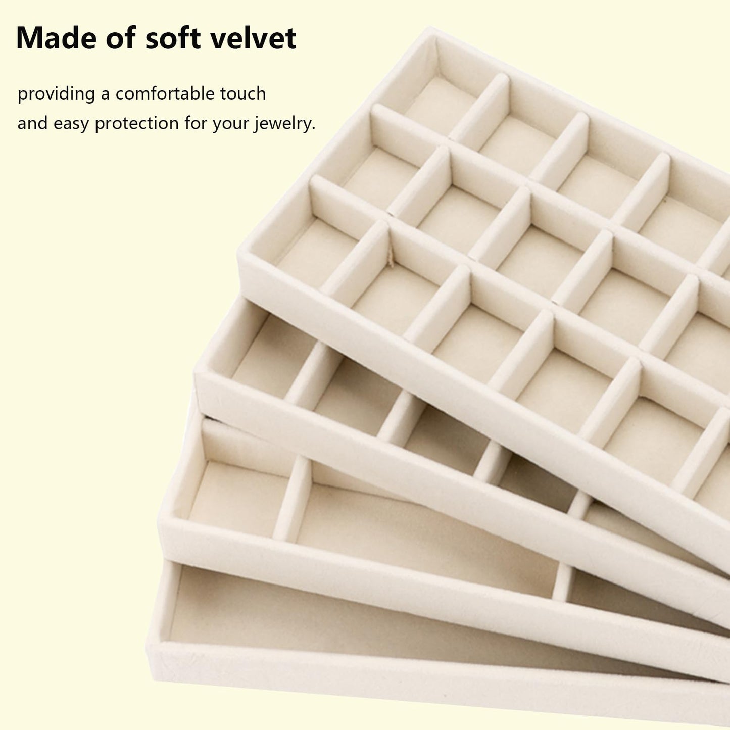AIRZSNRY Velvet Jewelry Organizer for Drawer, Stackable Jewelry Drawer Inserts in Dresser, 8in Beige Storage Display Case for Rings Stud Necklaces Accessories, Set of 4