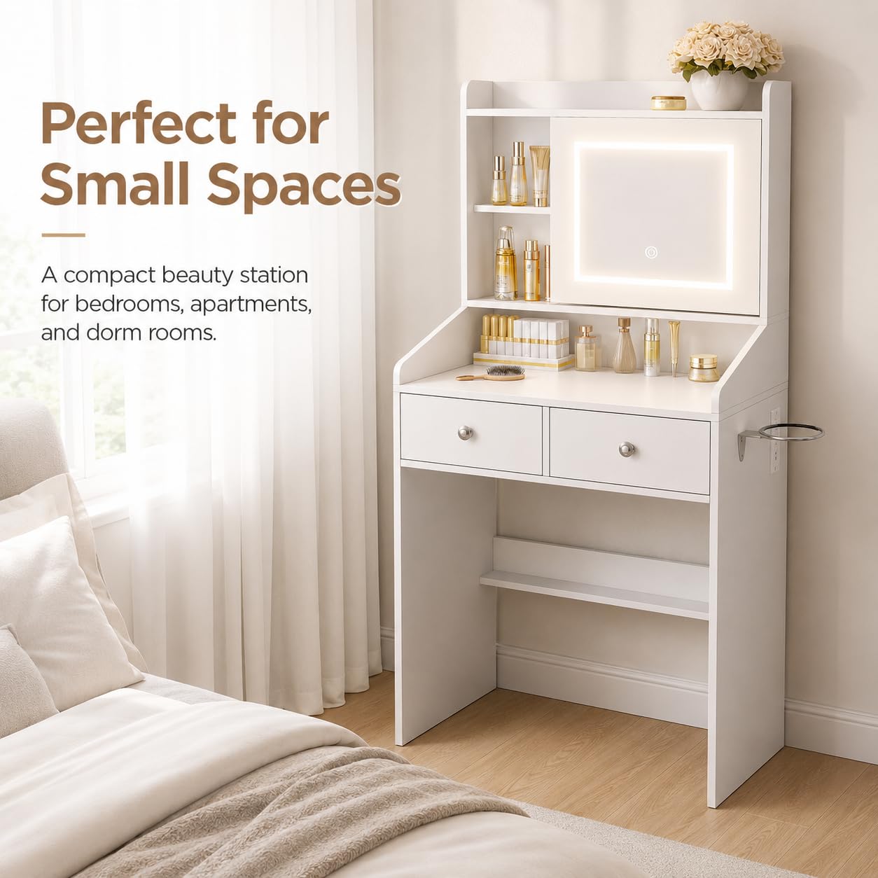 Viaozutis Small Makeup Vanity Desk with Sliding Mirror & Dimmable LED Lights, White Vanity Table with 2 Drawers, Hidden Storage, Power Outlets, USB Ports & Hair Dryer Holder for Bedroom(White)