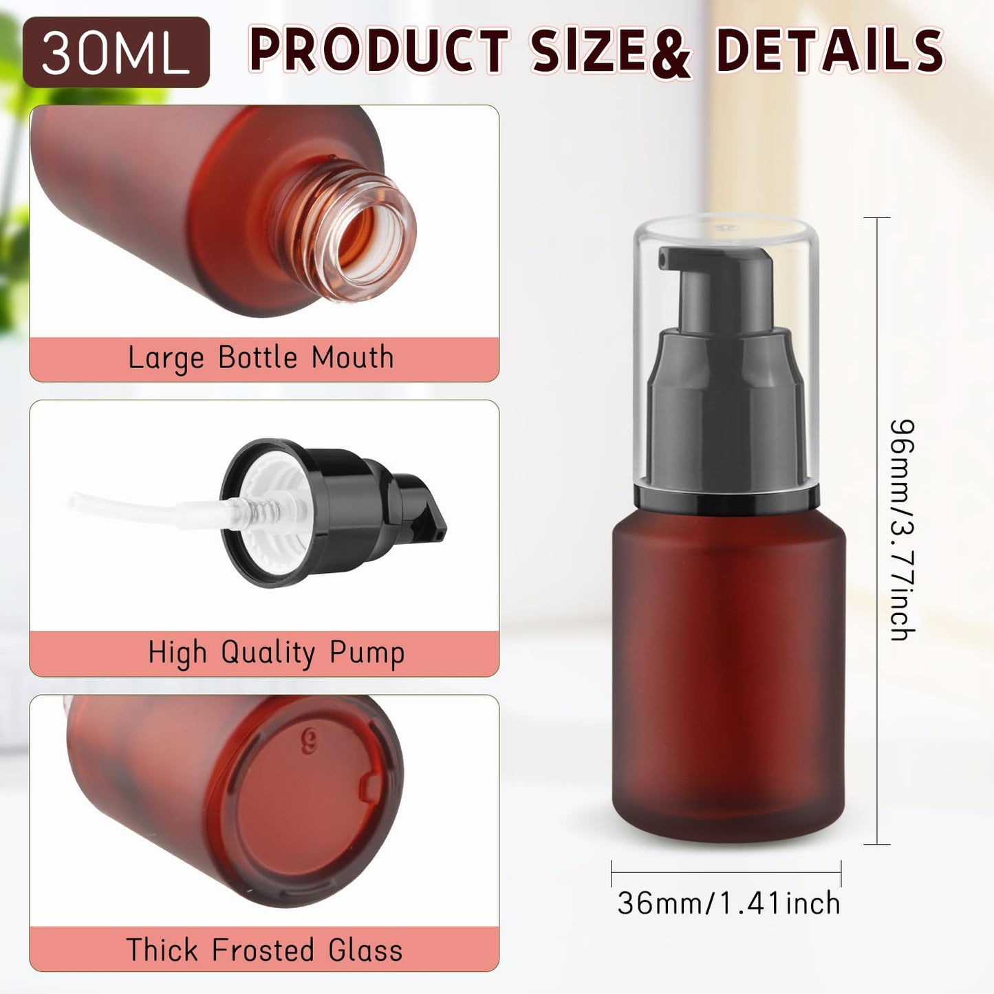 Wresty 6 Pcs Empty Glass Pump Bottles Refillable Cream Lotion Bottle Travel Sample Bottles Cosmetic Dispenser Bottle Containers For Lotion Cream Emulsion Essence (Red, 30ml/1oz)