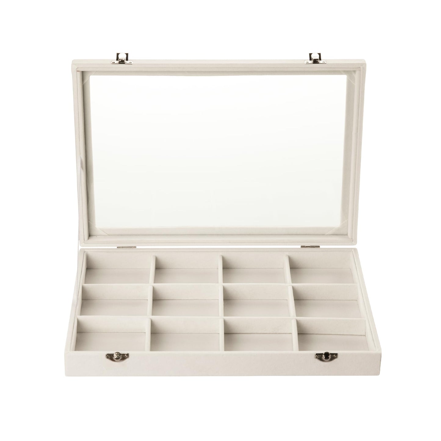 Frebeauty Velvet Jewelry Tray,12 Grid Jewelry Organizer with Clear Lid,Bracelets Holder,Jewelry Display Case with Clasp,Drawer Insert Bangle Brooch,13.8 x 9.5 x 2 Inches,Gift for Women Girls(Beige)
