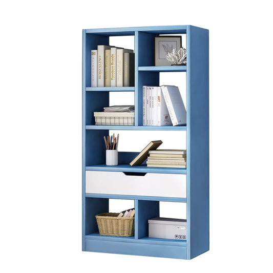 IOTXY Wooden Open Shelf Bookcase - 51" Height Freestanding Display Storage Cabinet Organizer with 7 Cubes and a Drawer, Floor Standing Bookshelf, Blue