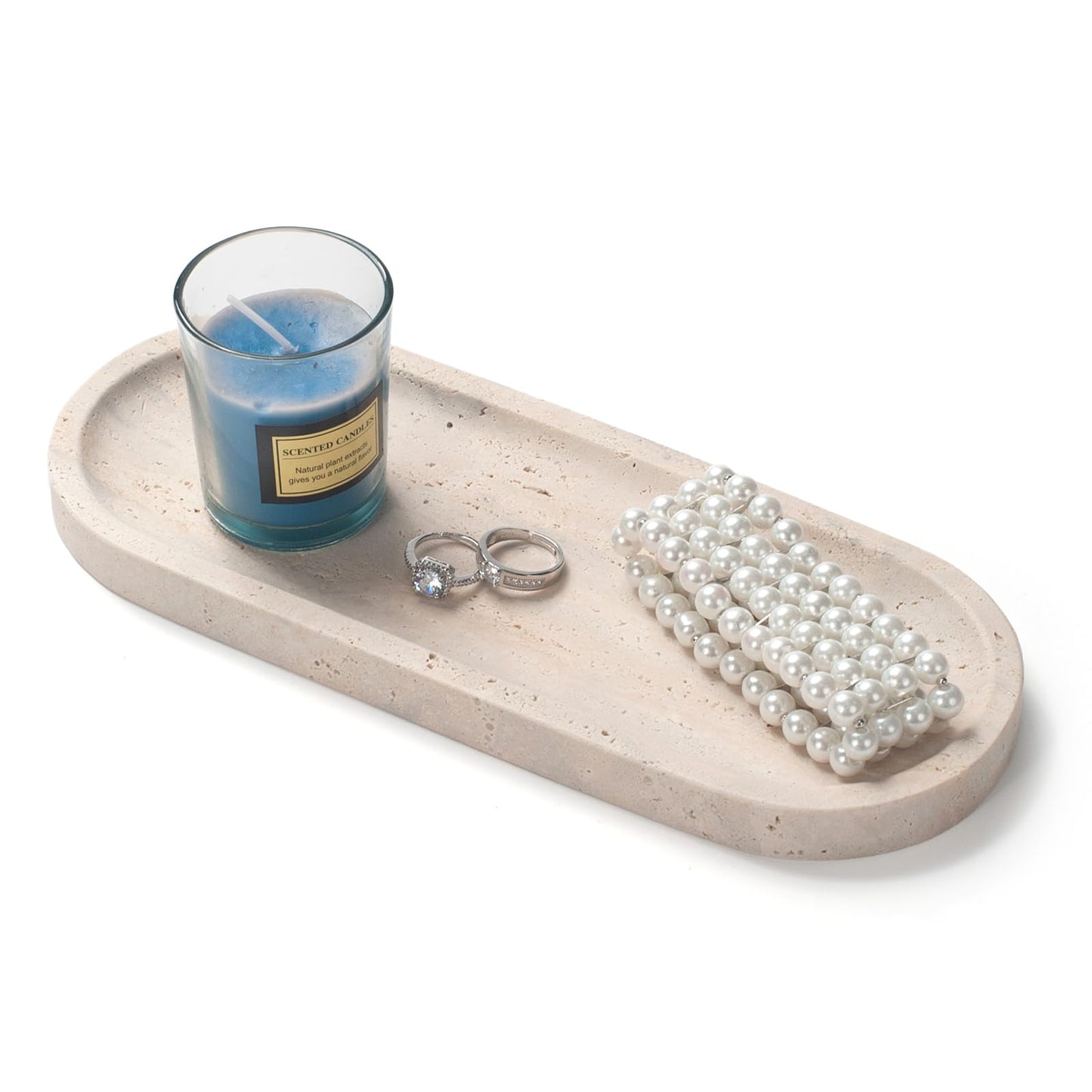 Oval Travertine Stone Tray for Jewelry, Candles, Perfume, Decorative Marble Bathroom Tray for Countertop Organizer 9.8inch x 3.9inch x 0.7inch