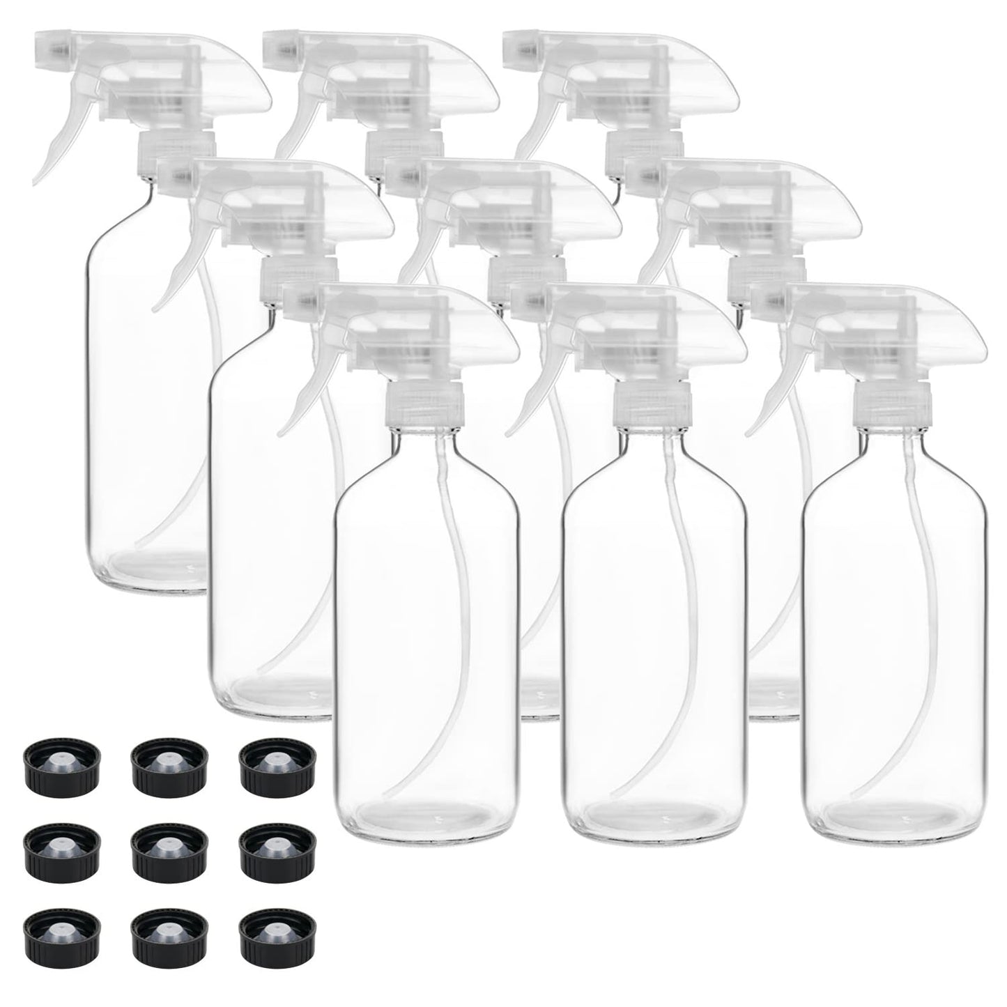 Suwimut 9 Pack Glass Spray Bottles, 16oz Empty Clear Boston Round Bottles Refillable Container with Trigger Sprayer for Cleaning Solutions, Essential Oils, Misting Plants