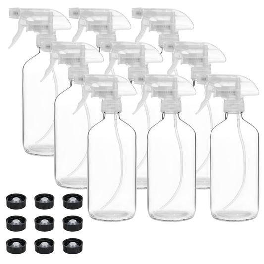 Suwimut 9 Pack Glass Spray Bottles, 16oz Empty Clear Boston Round Bottles Refillable Container with Trigger Sprayer for Cleaning Solutions, Essential Oils, Misting Plants