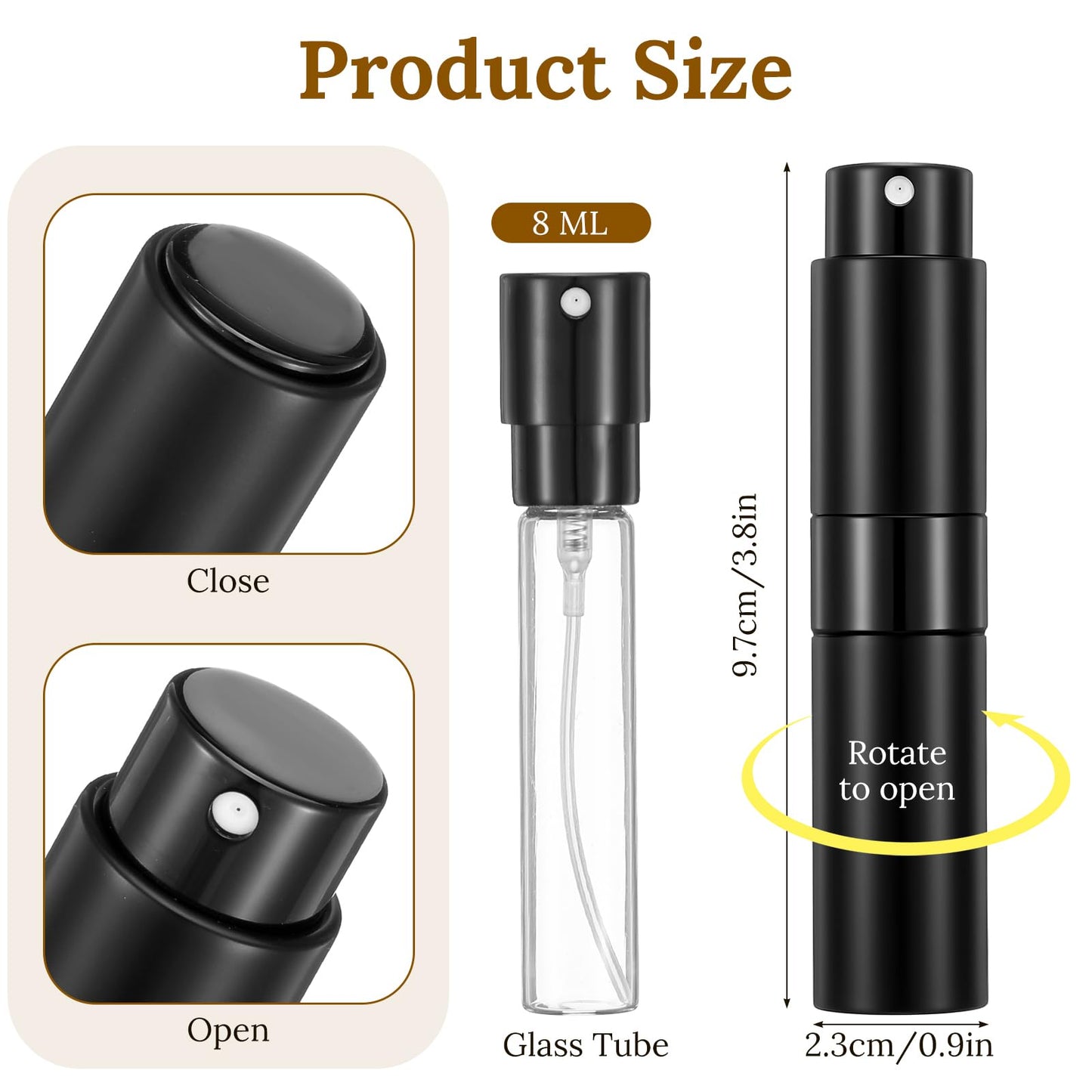 xozeooeu 15 Pack 8ML Travel Perfume Atomizer Refillable Bottles, Black Leak-Proof Cologne Sprayer with Funnels & Tools, Portable Perfume Dispenser for Women & Men