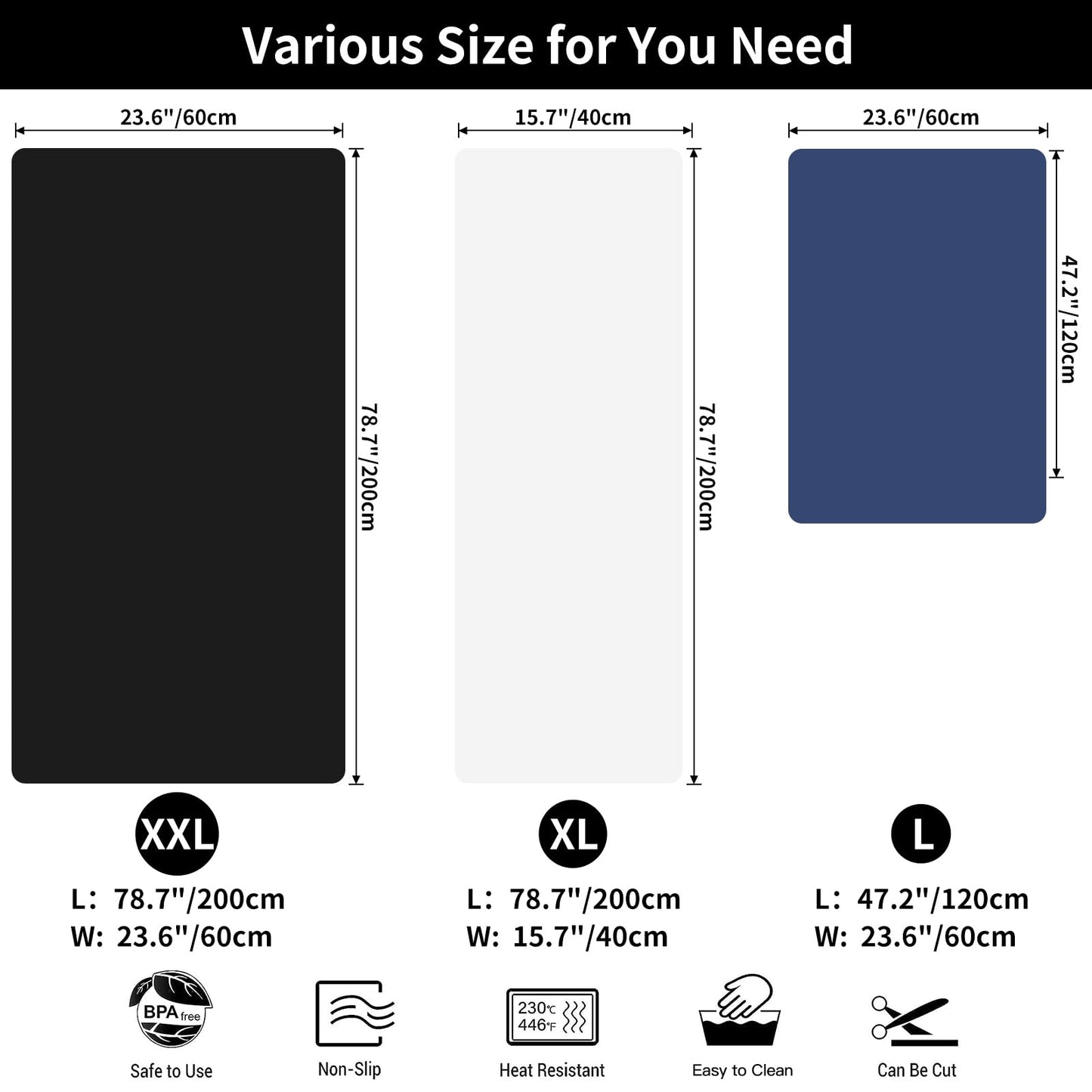 Large Silicone Mat, 78.7”x 15.7” Extra Thick Heat Resistant Mats, Nonslip Kitchen Countertop Protector Mat, Cuttable Waterproof Counter Protector Mats for Kitchen Island Workbench (Black)