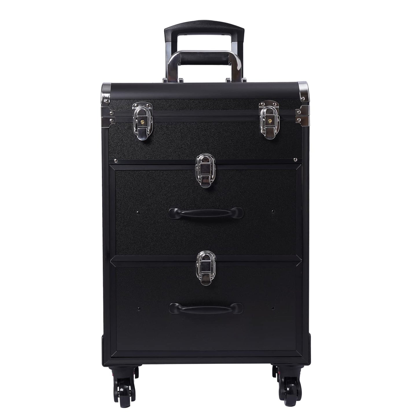Rolling Makeup Train Case, 3 Tier Aluminum Portable Makeup Organizer Suitcase Cosmetic Storage Box with Lock and Key Travel Beauty Luggage Trolley for Travel Makeup/Nail Art/Hair Styling (Black)