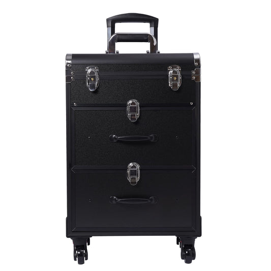 Rolling Makeup Train Case, 3 Tier Aluminum Portable Makeup Organizer Suitcase Cosmetic Storage Box with Lock and Key Travel Beauty Luggage Trolley for Travel Makeup/Nail Art/Hair Styling (Black)