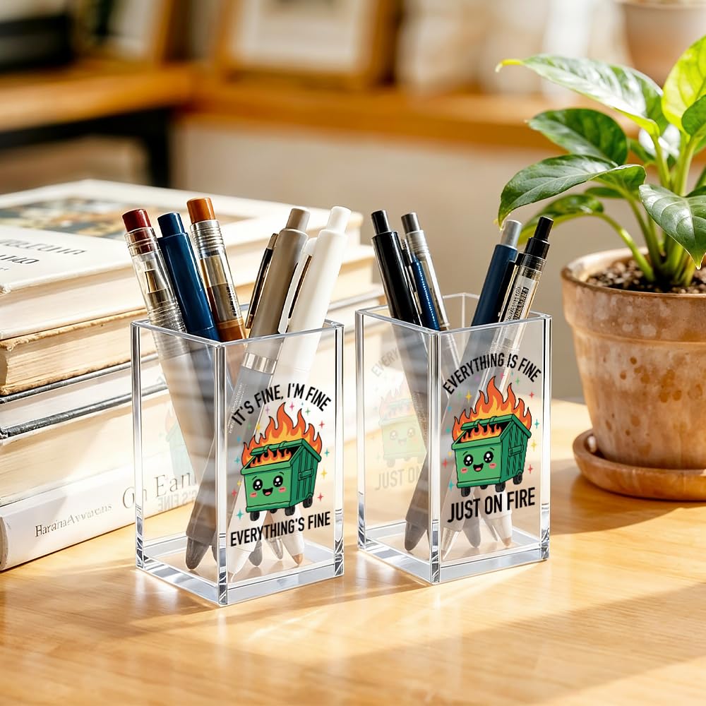 JQYCJTR I'm Fine Cute Office Pen Holder for Desk, Everything Is Fine Just On Fire Post it Holder for Desk, Funny Work Quotes 2 Pack Acrylic Cosmetic Pencil Pen Holder Cup, Office Gifts for Coworker