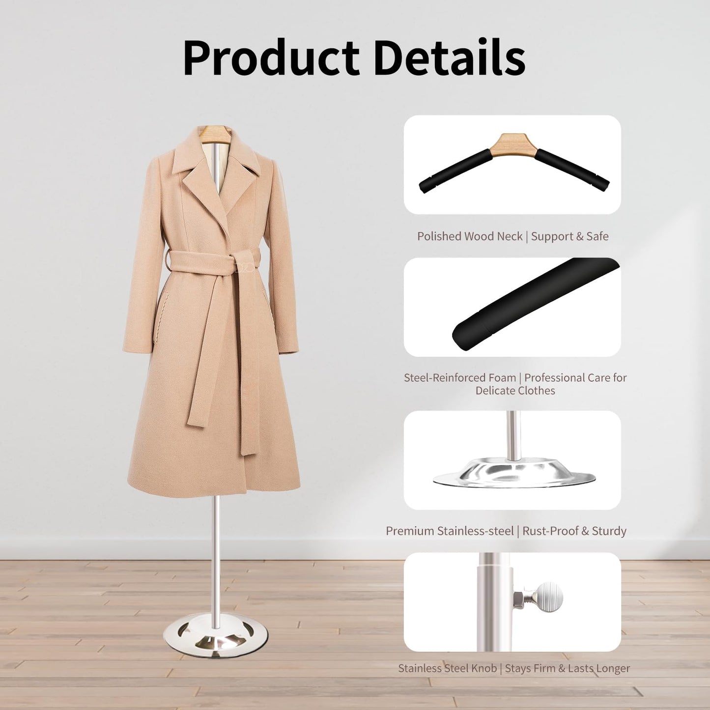 Shirt Display Stand Adjustable Height 20-36" Mannequin Torso Foam-Padded Premium Clothing Display for Delicate Fabrics, T-Shirt Display Stand for Vendors, Retail Stores (Black, 1 Pack)