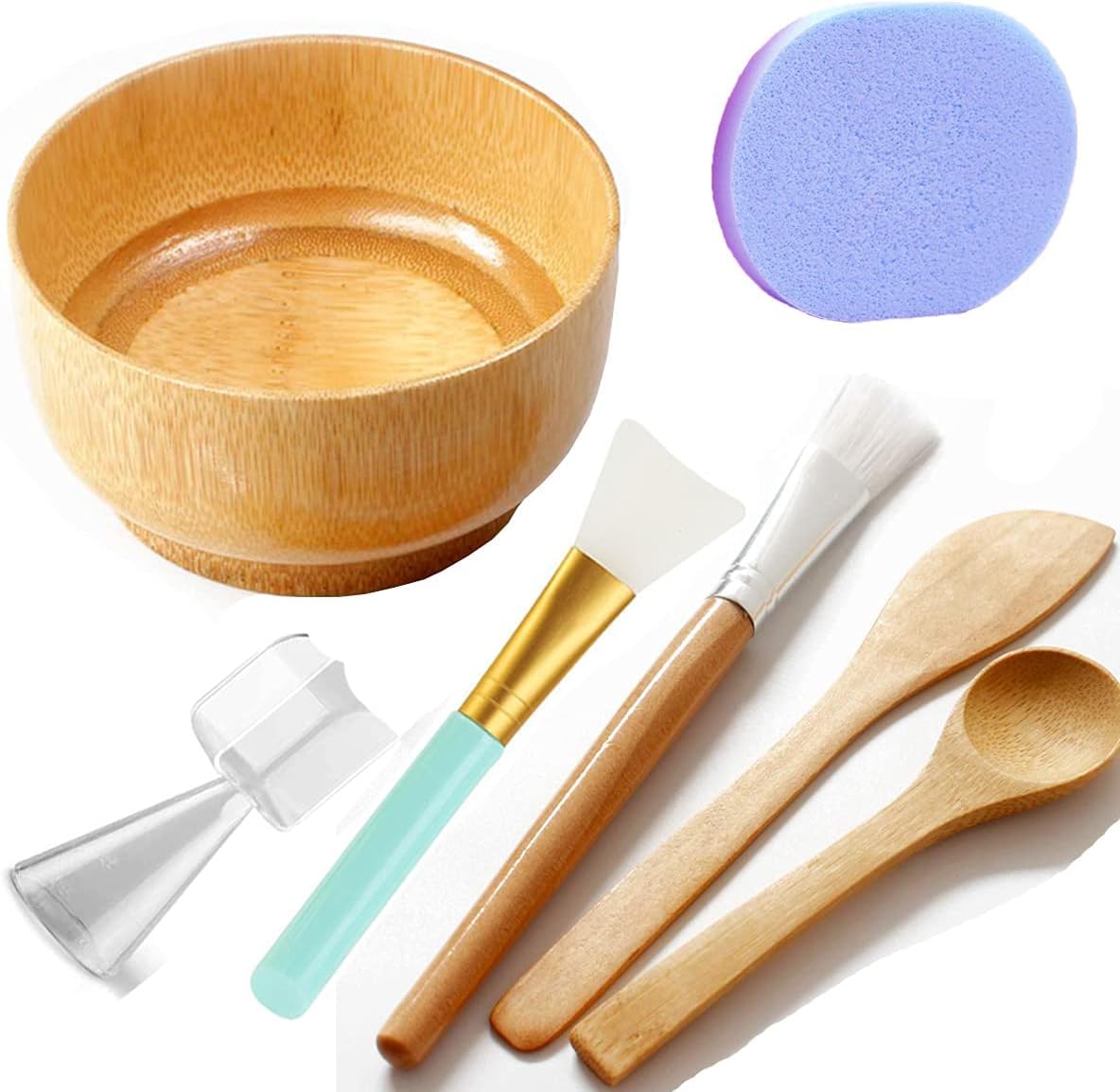 LINSINA Face Mask Mixing Bowl and Brush Set, 7 in 1 Bamboo Facial Mask Tool kits with Facial Mask Bowl,DIY Clay Mask Mixing Kit,Mask Applicator and Bowl Tool Set (Yellow-Blue)
