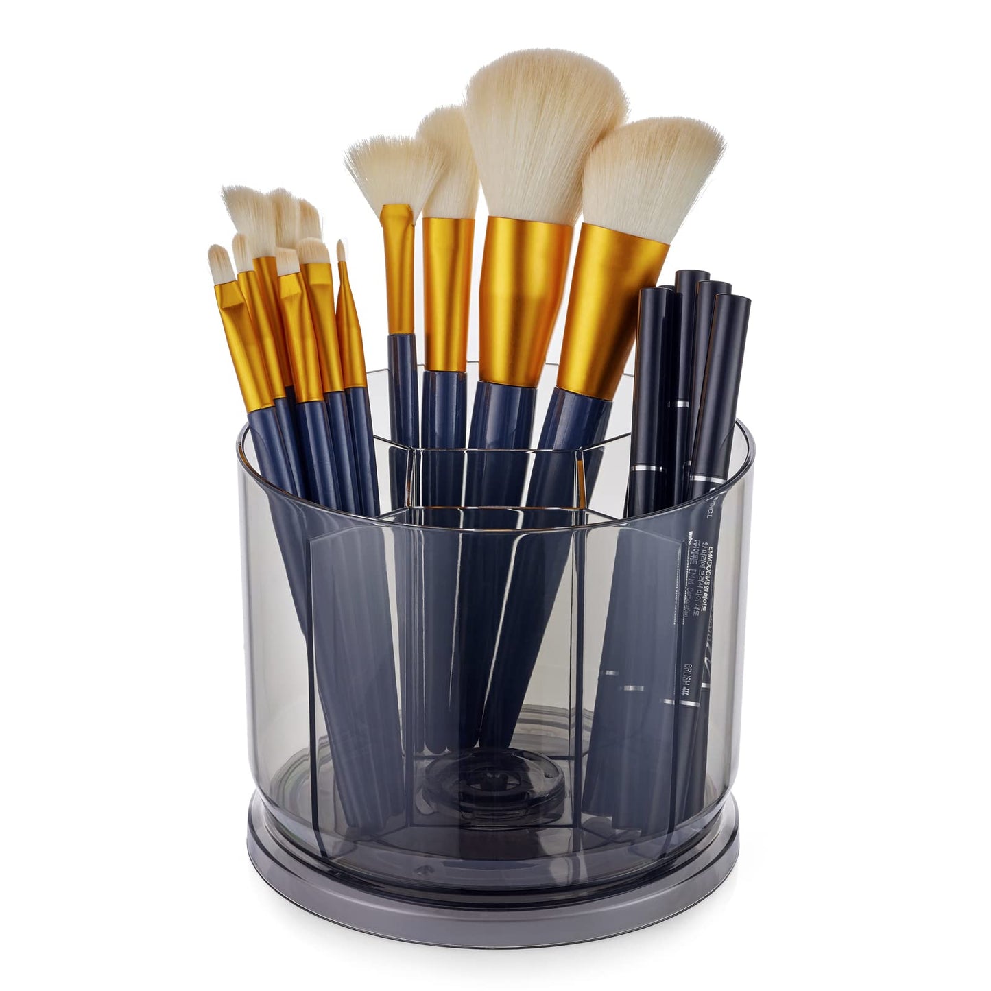 Makeup Brush Holder Organizer -Rotating 360° Clear Storage Cup Containers for Vanity, Desk, Countertop, Spinning Pen Holder for Desk, Round Make up Brush Stand with 5 Slots, for Cosmestics (Grey)