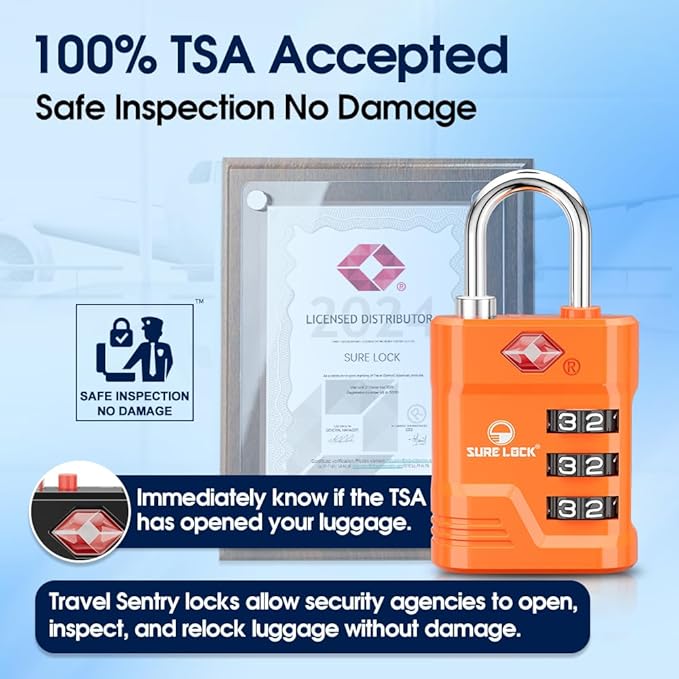 SURE LOCK TSA Locks for Luggage, TSA Approved Luggage Locks with Open Alert, 008 Key for High Security, Easy Read Dials, Zinc Alloy Body, Locker Lock for Suitcase, Gym, Travel. (Orange 2 pk)