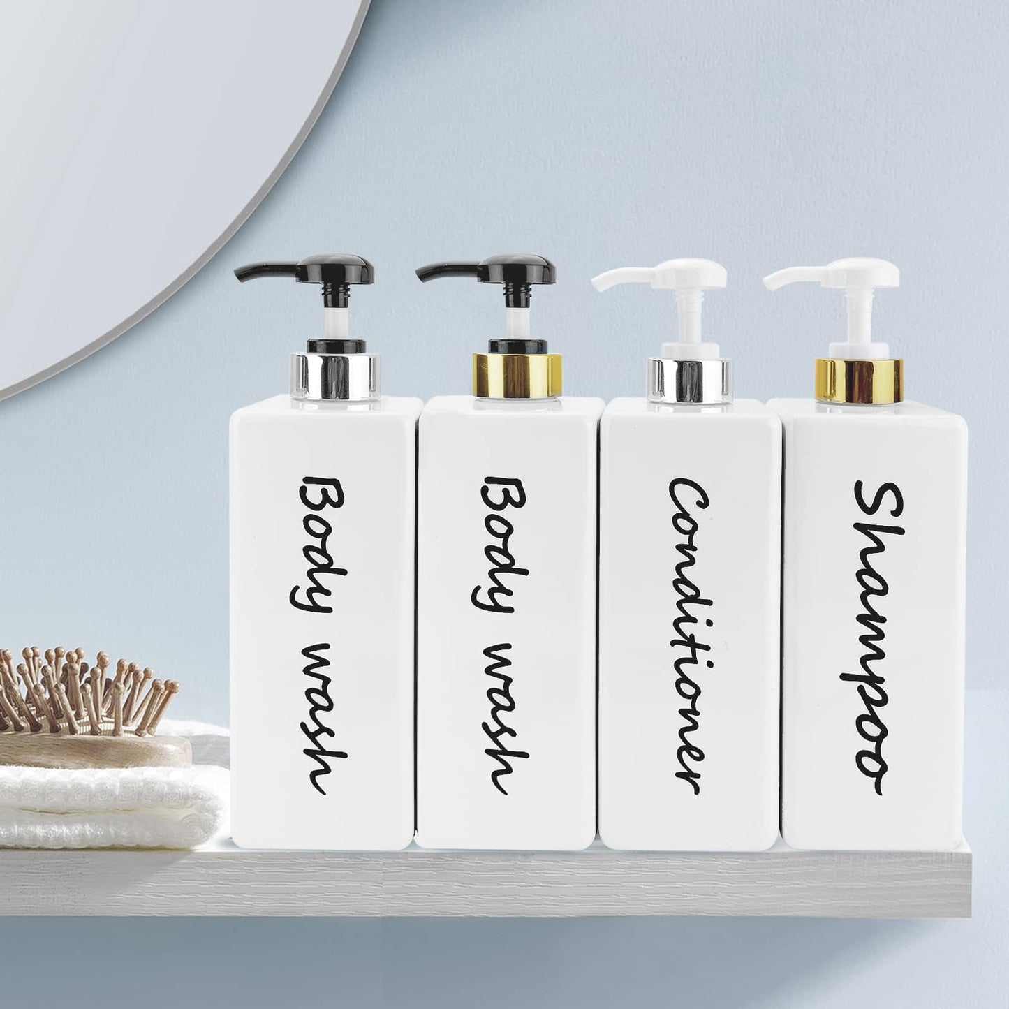 Shampoo and Conditioner Dispenser (Set of 3, 21oz) Modern Refillable Shampoo Pump Bottles for Shower Soap - Empty Body Wash Dispenser Set for Bathroom