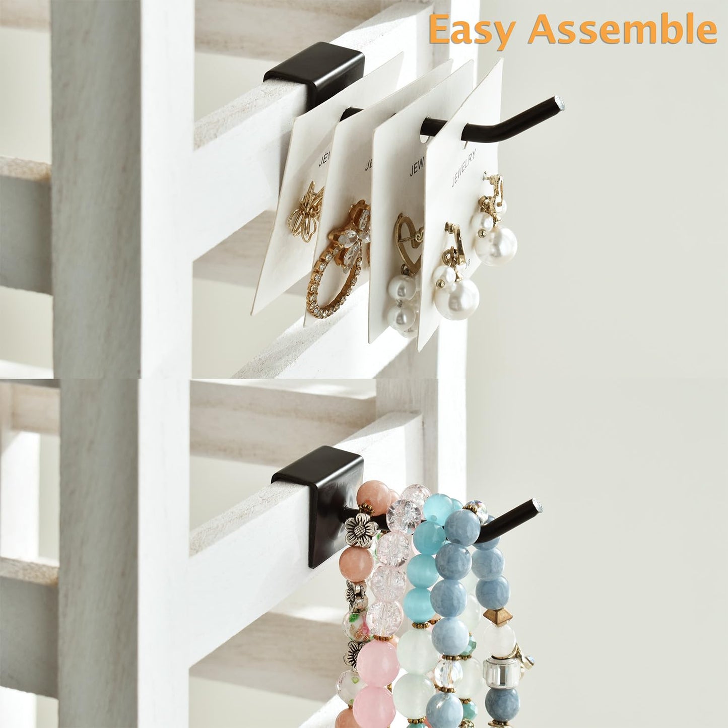 Ikee Design 5 Tiers Easy Assemble Wood Rotating Jewelry Display Tower With 42 Removabl Hooks,Spinning Earring Card Storage Display Stand for Store, Showcase, Tradeshow and Home, Wash White Color