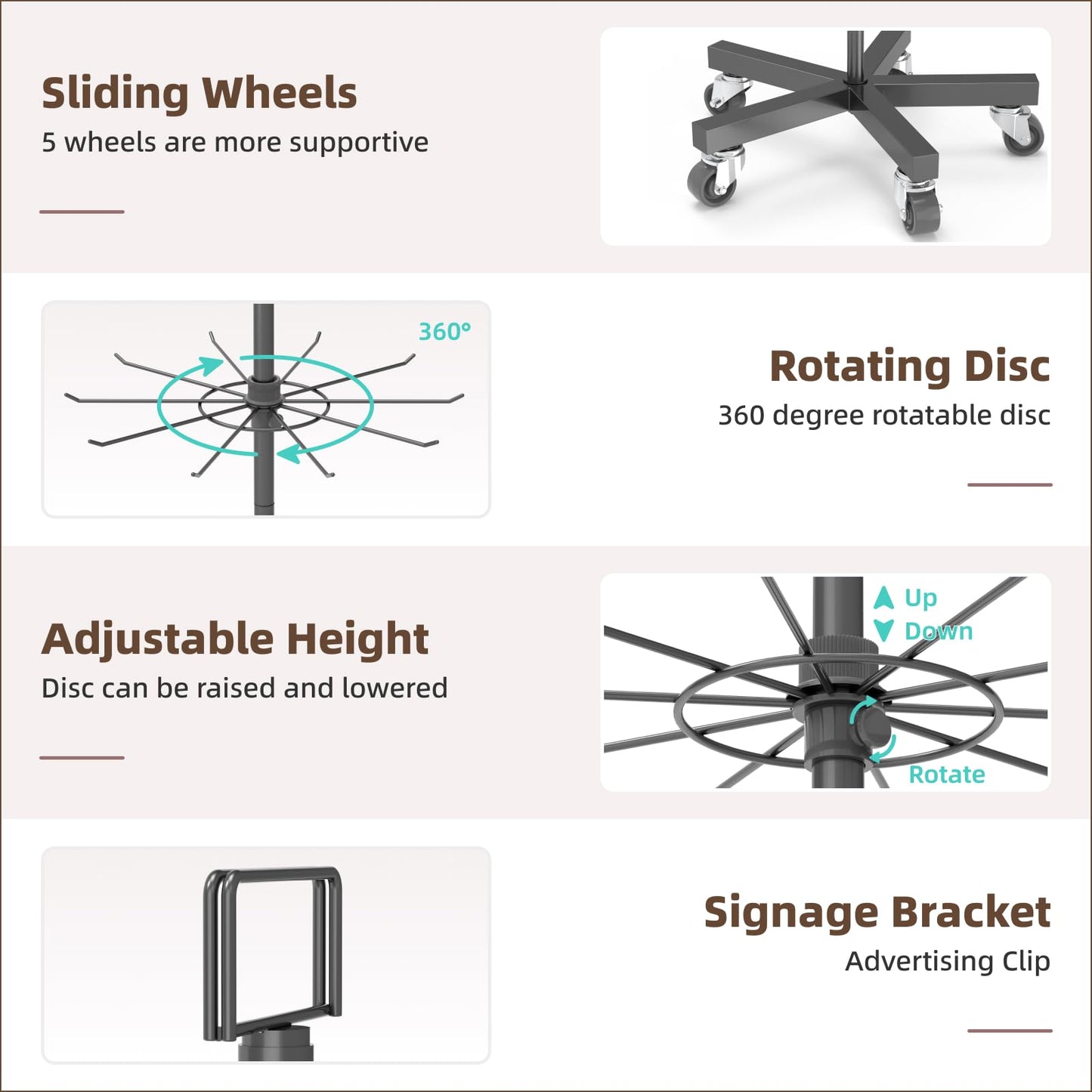 YEOOE Upgraded Retail Display Stand 7 Tier Spinning Display Stand, Movable Shop Spinner Rack with Hooks, Retail Display Racks for Jewelry Keyring Hats Socks Toys (Black)