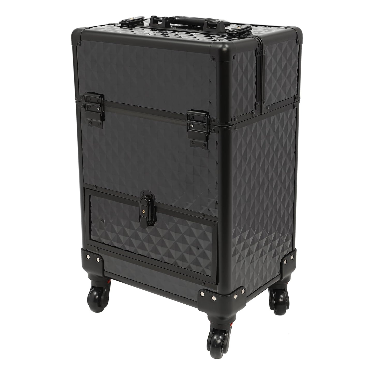 MooKuQi Rolling Makeup Train Case, Aluminum Cosmetic Trolley Organizer with 4 Universal Wheels, Large Capacity Travel Case with Lock for Nail Artist, Hairstylist in Salon, Studio, Travelling (Black)