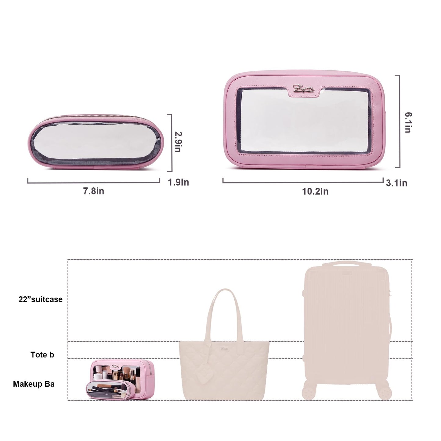 BOYATU Cute Travel Makeup Bag Set: Clear Cosmetic Bag Waterproof Toiletry Bags for Women - Large Skincare Pouch With Small Make up Brush Case for Girl (01-Pink)