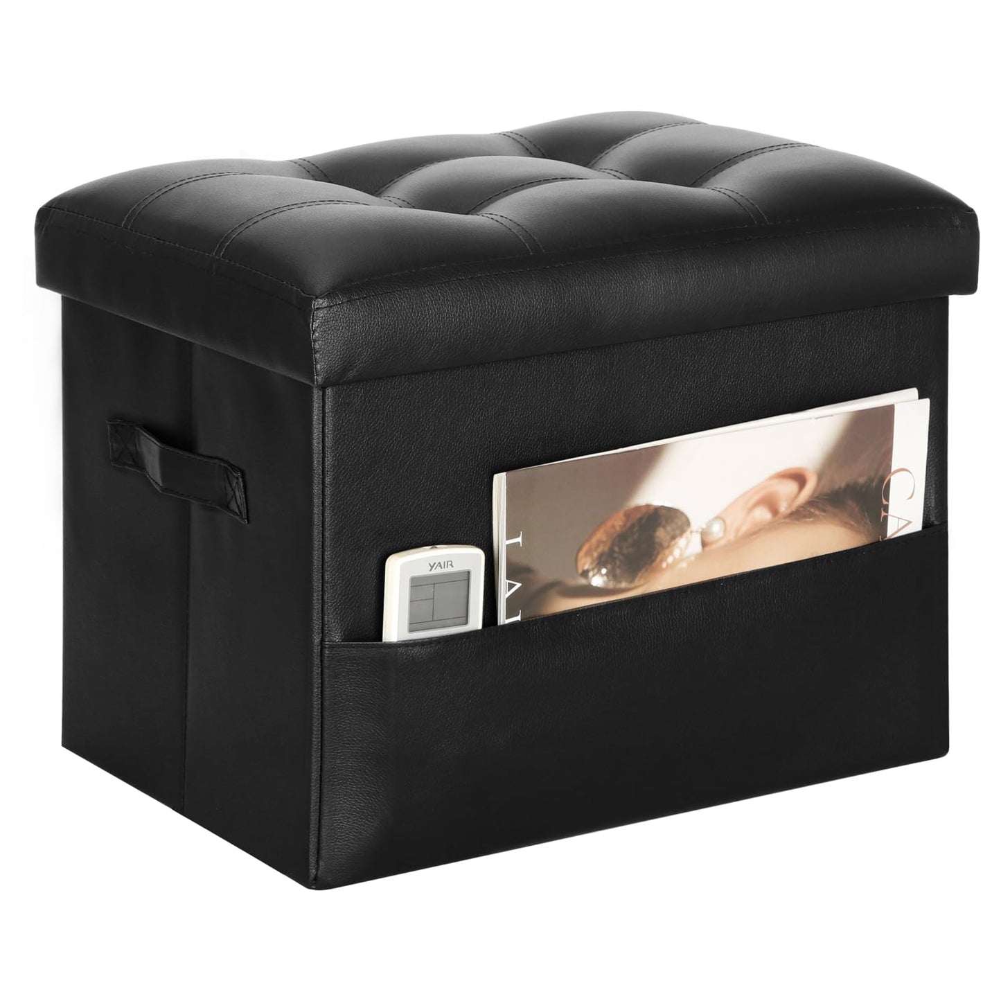 Storage Ottoman Foot Rest Stool with Thicker Foam Padded Seat. Foldable Leather Footstool Bench. Small Ottoman with Storage for Living Room Bedroom Coffee Table 350 lbs, 17x13x13in, Black.
