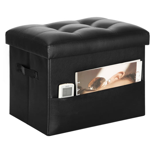 Storage Ottoman Foot Rest Stool with Thicker Foam Padded Seat. Foldable Leather Footstool Bench. Small Ottoman with Storage for Living Room Bedroom Coffee Table 350 lbs, 17x13x13in, Black.