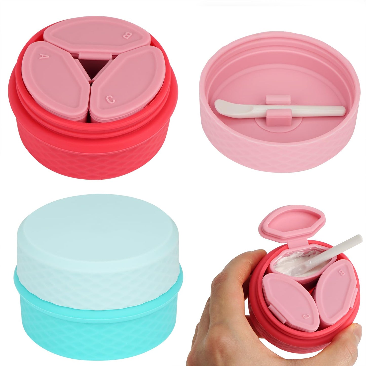 Adorila 2-Pack Silicone Travel Makeup Containers, 0.34oz/10ml TSA Cream Jars, 3-in-1 Modular Skincare Storage Case (Blue, Pink)