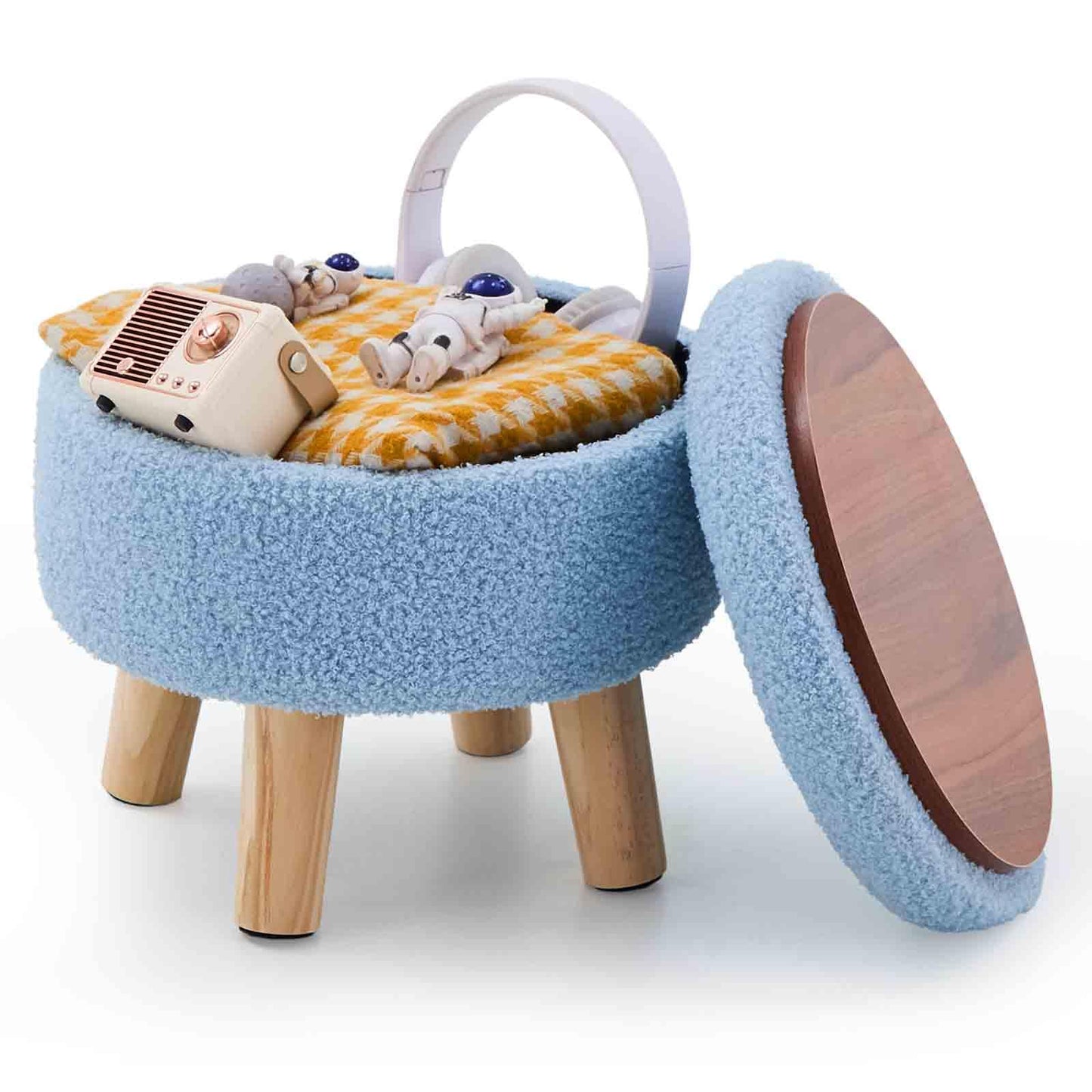 Wimarsbon Storage Ottoman, Modern Round Footrest with Soft Padded Seat, Teddy Velvet Footstool with Wood Legs, Accent Small Table or Plant Stand for Hallway, Living Room (Blue)
