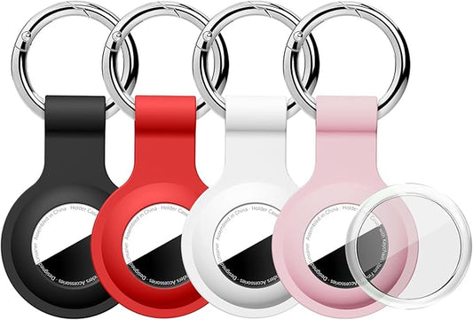 Upgraded for AirTag Holder with Clear Cover Full Coverage Case Keychain for Air Tag, Silicone for AirTags 4 Pack for Apple Holder GPS Tracker Item Tag Finders, Black/Red/Pink/White
