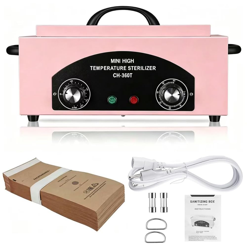 High Temperature Metal Cleaning Box,Misforu 1.5L Dry Heat Cabinet High Temp with Stainless Tray Timer and Handle for Nail Art Tool Salon Hairdressing Tool Earrings 300W (Pink)