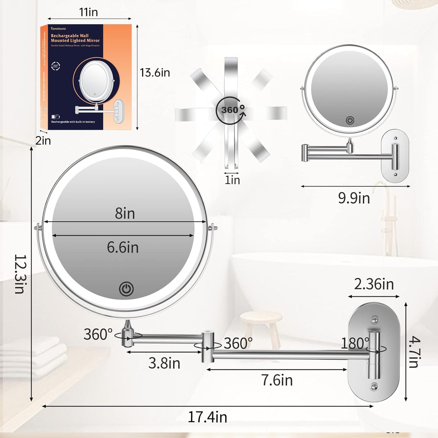 Rechargeable Wall Mounted Lighted Makeup Vanity Mirror 8 inch 1X/20X Magnifying Bathroom Mirror with 3 Color Lights, Double Sided with Dimmable LED Lights, Extended Arm 360° Swivel Extension Mirror