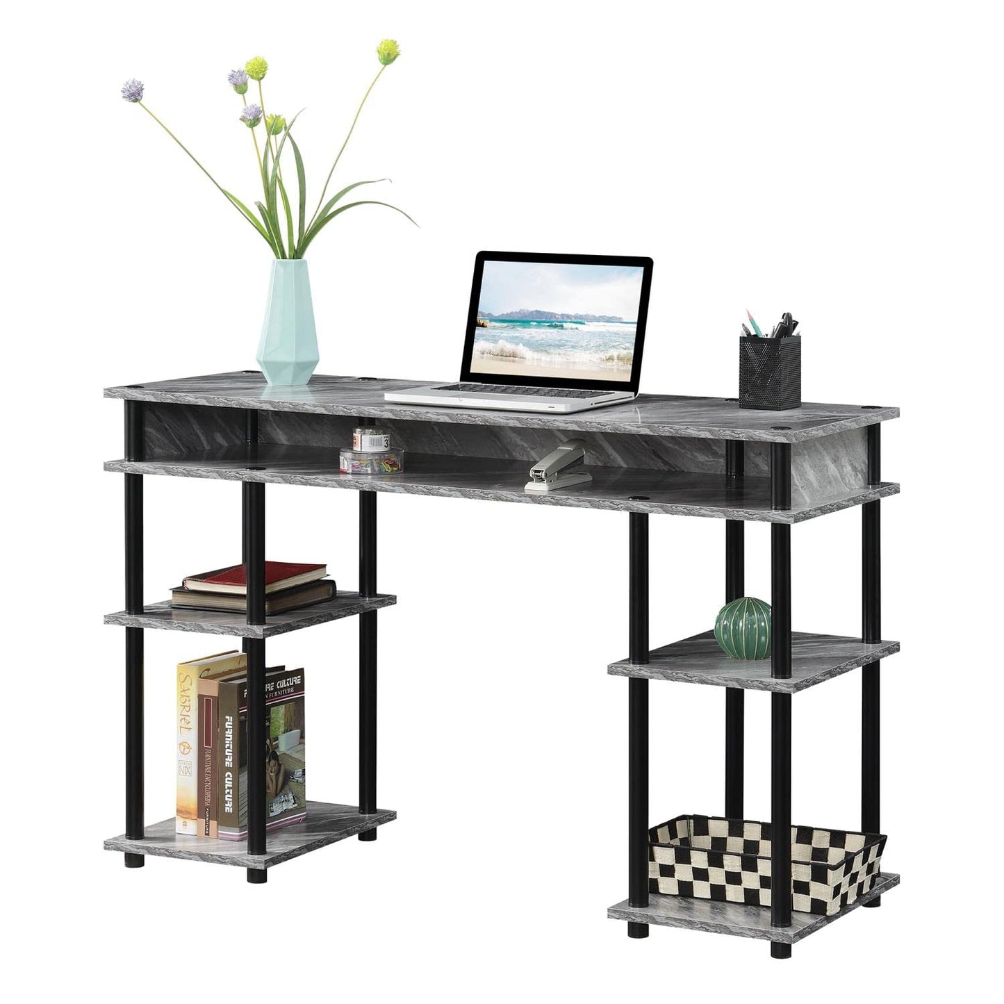 Convenience Concepts Designs2Go No Tools Desk Home Office Desk with Shelves, Corner Shelf Vanity Desk Computer Desk Nail Table for Nail Tech - 47.25" L x 15.75" W x 30" H, Gray Marble/Black