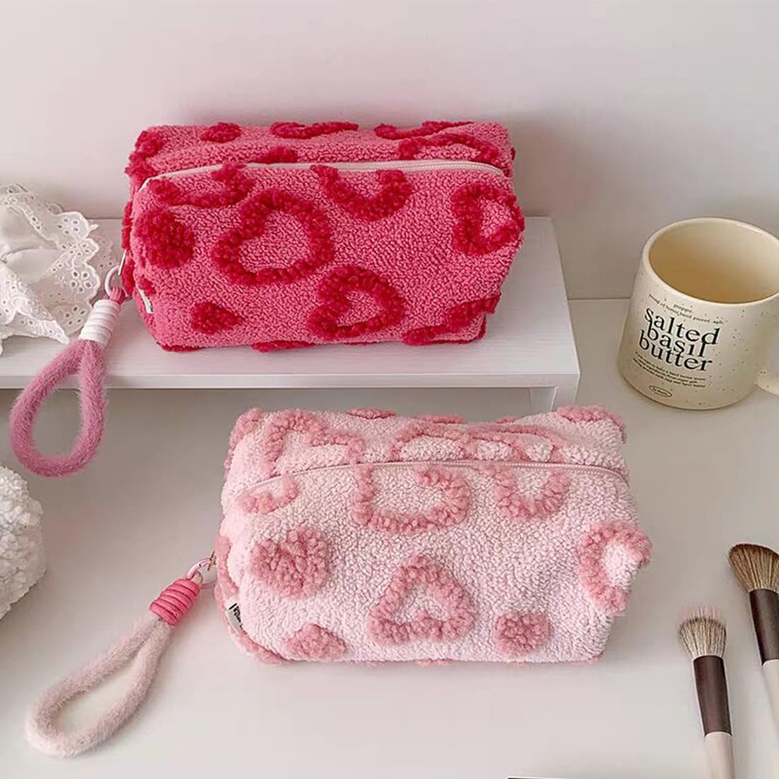 SxoSyo Heart Makeup Bag for Women, Plush Cosmetic Bags, Rose Pink