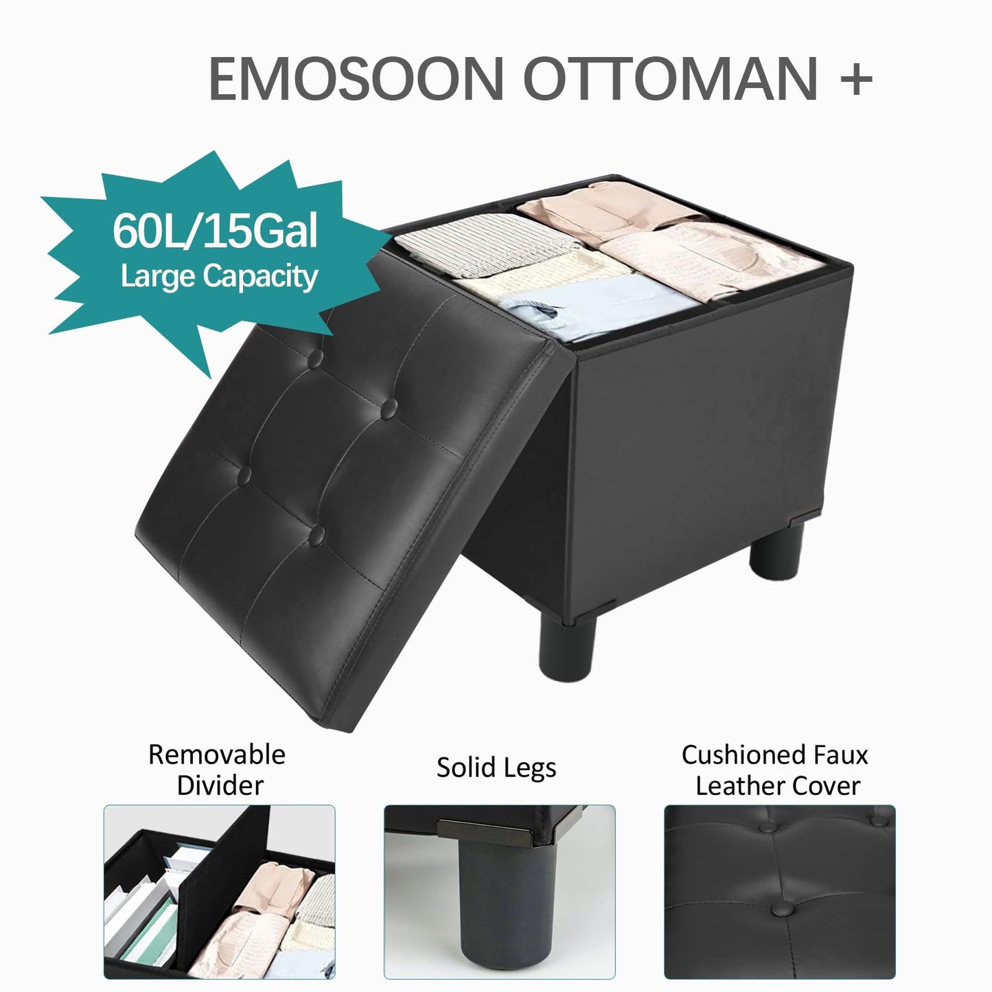 Emosoon 18 Inches Cube Storage Ottoman, Faux Leather Collapsible Square Folding Ottoman Furniture with Storage for Living Room Bedroom, Foot Rest Foot Stool with Legs, Black 18x18x18 Inches