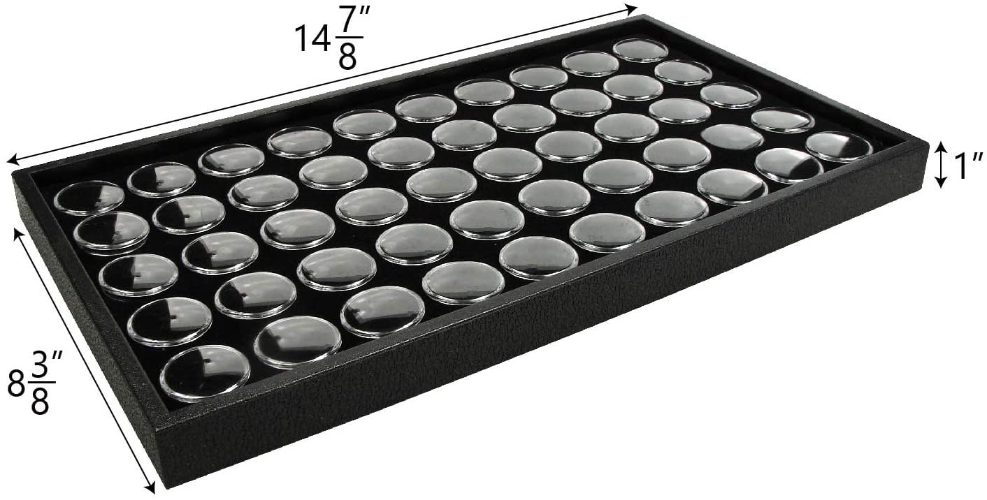 RJ Displays- 50 Black Foam Gem Jars with Tray, Gemstone Display Case with Lids for Gems, Coins, Gem Storage Organizer, Gem Holder, Charm Box, Gem Display Case, Gemstone Storage, 14.5" x 7.8" x 0.75"