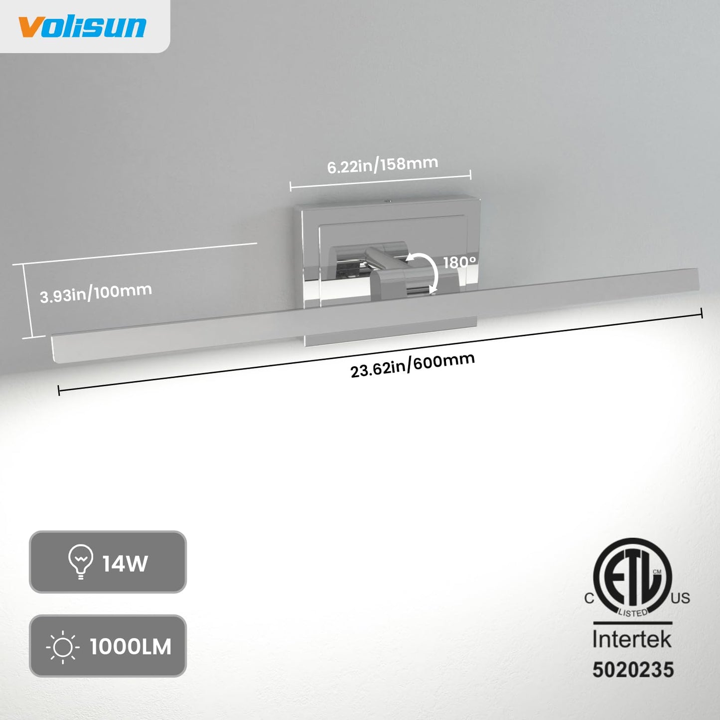VOLISUN Modern Bathroom Vanity Light 24 inch, Rotatable, 14W Dimmable 5CCT Led Bathroom Light Fixture Over Mirror, Chrome Vanity Light for Bathroom Mirror Cabinets-ETL Certificated