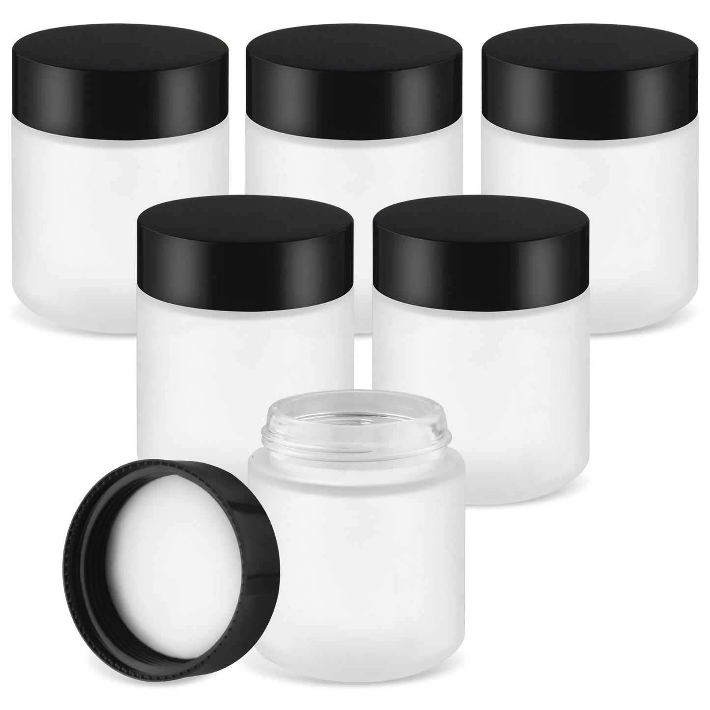 6 Pcs 200ml/6.7oz Frosted Glass Jars Empty Cosmetic Pot Refillable Cream Container Bottle with Black Lids for Lotion Face Cream DIY Makeup Toiletries - White